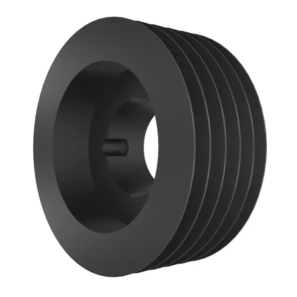 Schwarze Riemenscheibe mit fünf parallelen Keilriemenrillen und zentraler Nabenbohrung.
