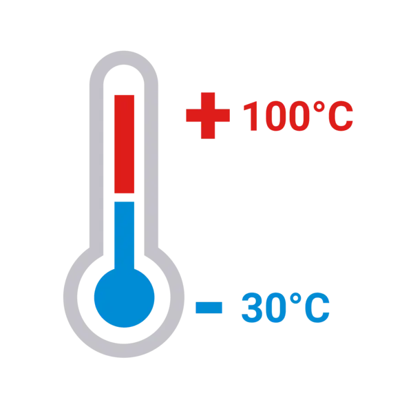Thermometer-Symbol mit Markierungen für +100 °C und –30 °C – zeigt einen großen Temperaturbereich an.