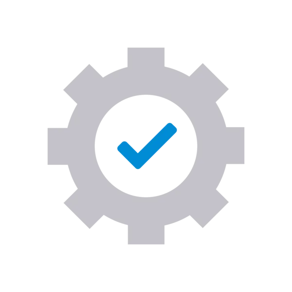 Zahnrad-Symbol mit blauem Häkchen in der Mitte – steht für hohe Lebensdauer und geringen Wartungsbedarf.
