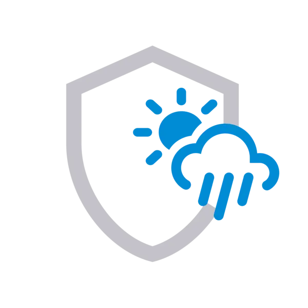 Schildsymbol mit Sonne und Regenwolke – steht für witterungsunempfindlich.