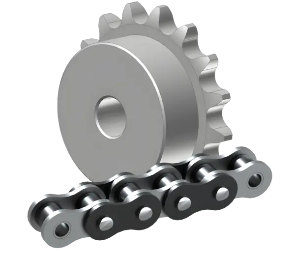Einzelnes Kettenrad mit zentraler Bohrung und seitlicher Nabe, mit passender Rollenkette.