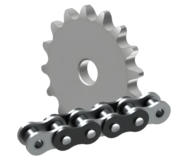 Einzelne Kettenradscheibe mit zentraler Bohrung, ohne Nabe, mit passender Rollenkette.