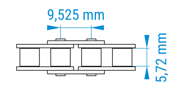 Technische Zeichnung einer Rollenkette mit bemaßten Abständen der Teilung im 06B-Profil nach DIN