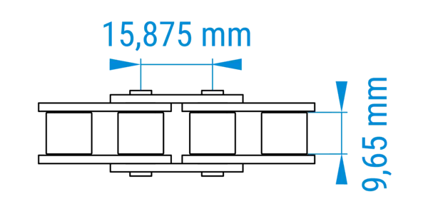 Technische Zeichnung einer Rollenkette mit bemaßten Abständen der Teilung im 10B-Profil nach DIN