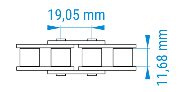 Technische Zeichnung einer Rollenkette mit bemaßten Abständen der Teilung im 12B-Profil nach DIN