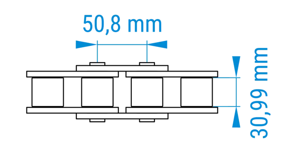 Technische Zeichnung einer Rollenkette mit bemaßten Abständen der Teilung im 32B-Profil nach DIN