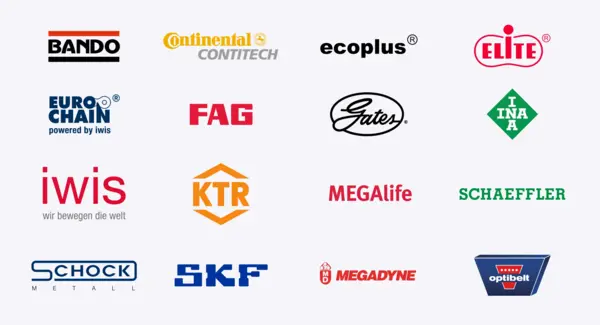 Logoteppich mit Markenlogos aus der Antriebstechnik, darunter Bando, Continental ContiTech, ecoplus, Elite, Eurochain, FAG, Gates, INA, iwis, KTR, MEGAlife, Schaeffler, Schock Metall, SKF, Megadyne und Optibelt.