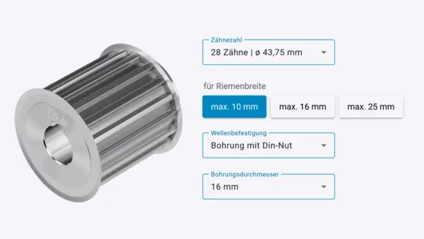 Eine Zahnriemenscheibe mit Auswahlfeldern für die Konfiguration technischer Parameter)