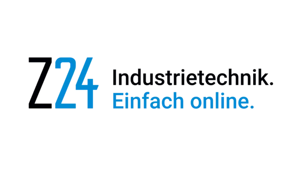 Schwarze und blaue Buchstaben formen das Logo "Z24" auf weißem Hintergrund mit dem zugehörigen Claim "Industrietechnik. Einfach online."
